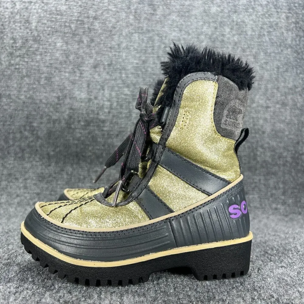 Sorel Tivoli II Girls Snow Winter Boots Size 10 Gold Glitter Waterproof Faux Fur